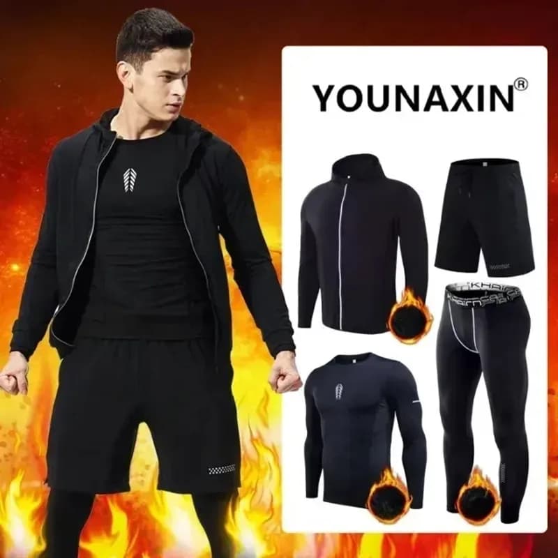 Set di abbigliamento fitness da uomo in 4 pezzi Collant termico invernale caldo elastico ad asciugatura rapida Basket Corsa Corsa Abbigliamento sportivo da yoga