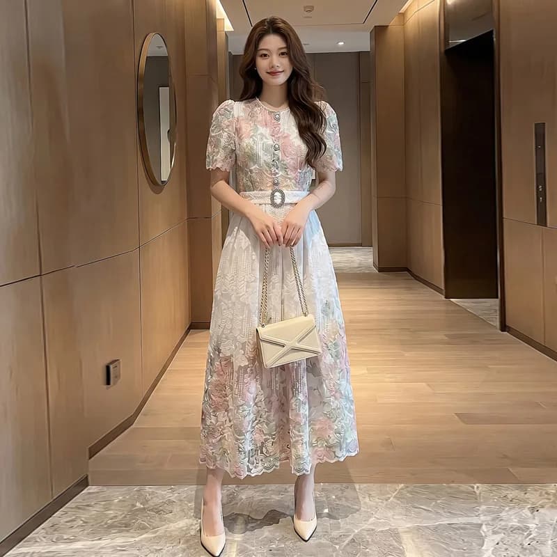 Elegant Lace Waist-Cinching Dress Short Sleeve Midi Skirt for Young Women Commute Style Polyester Fabric Summer Season