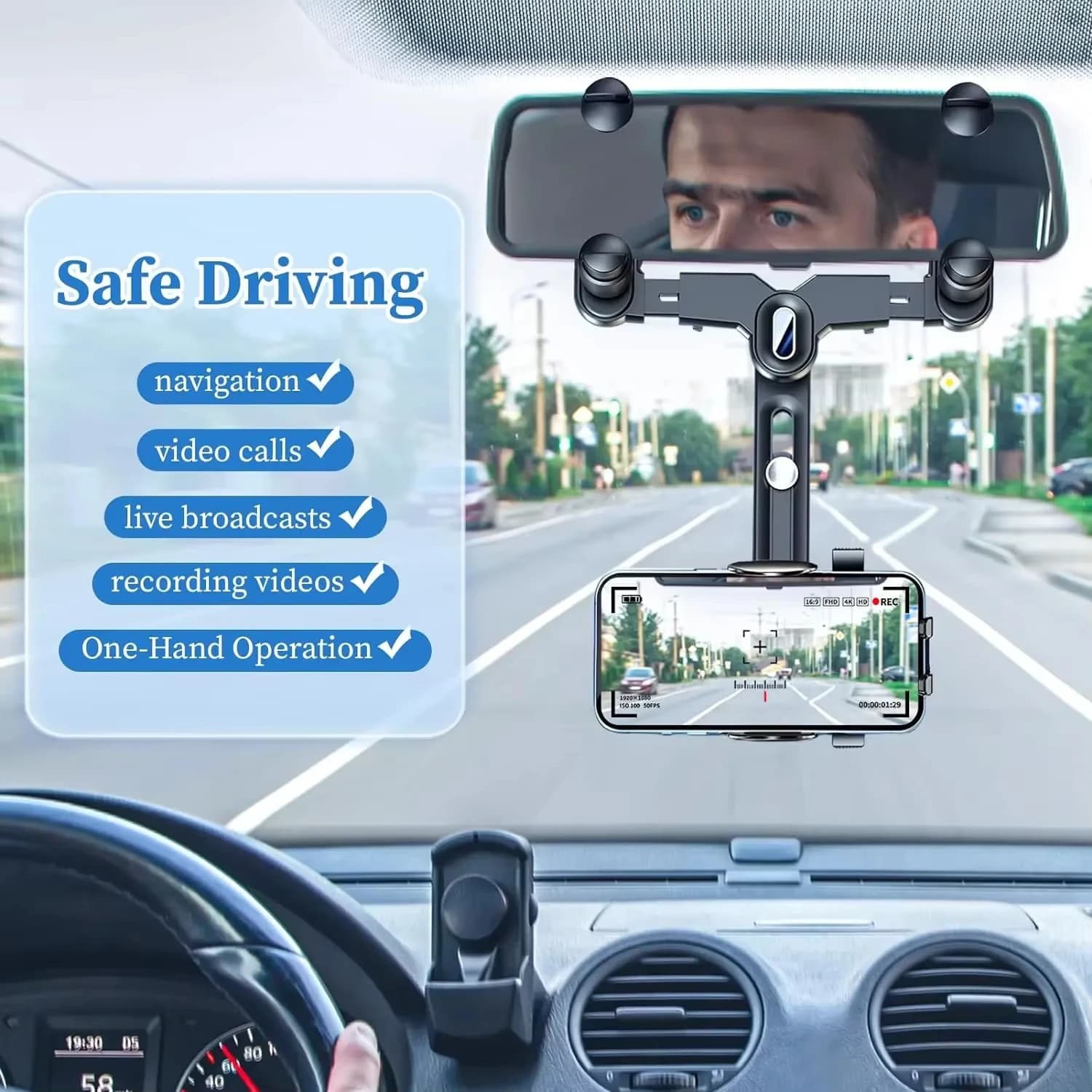 Self Rearview Mirror Phone Support 360 ° Support Retractable for Cellular and GPS, Phone Clip, Auto Accessories