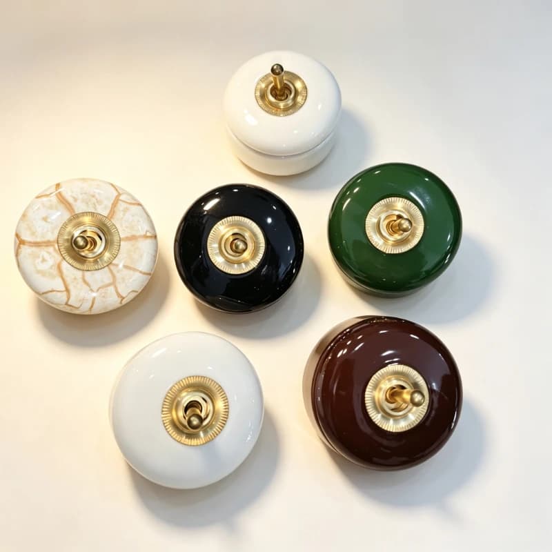 Vintage Ceramic Wall Toggle Switch, Brass Lever Round Retro Rotary Light Switch, Antique Style Ceramic Lamp Switch for Home DIY