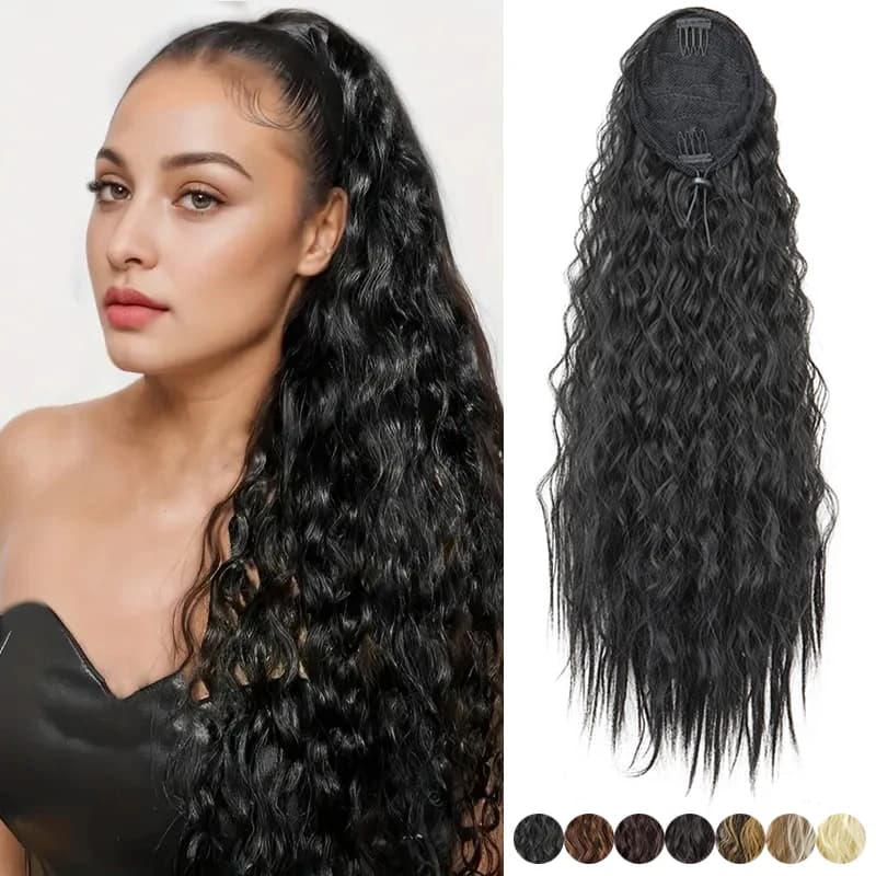 22 Inch Synthetic Long Riccia Drawstring Clip in High Temperature Fiber Tail Hair Extension for Women