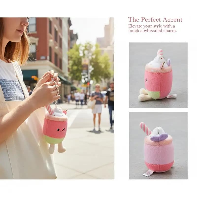 Cute Cartoon Ice Cream Smoothie Cup Plush Keychain Kawaii Cartoon Stuffed Doll Pendant Key Ring Bag Backpack Decoration Gift
