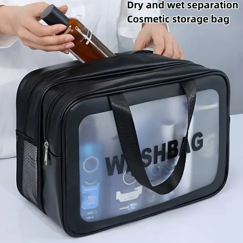 Borsa per il Trucco in PU Trasparente con Separazione Asciutto/Bagnato, Portatile, per Viaggi, Palestra e Nuoto