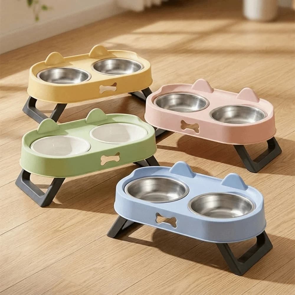 Stainless Steel Elevated Cat Bowl Cat Shaped Double Bowl Raised Pet Feeder 15°Tilted Angle Detachable Dog Food Container