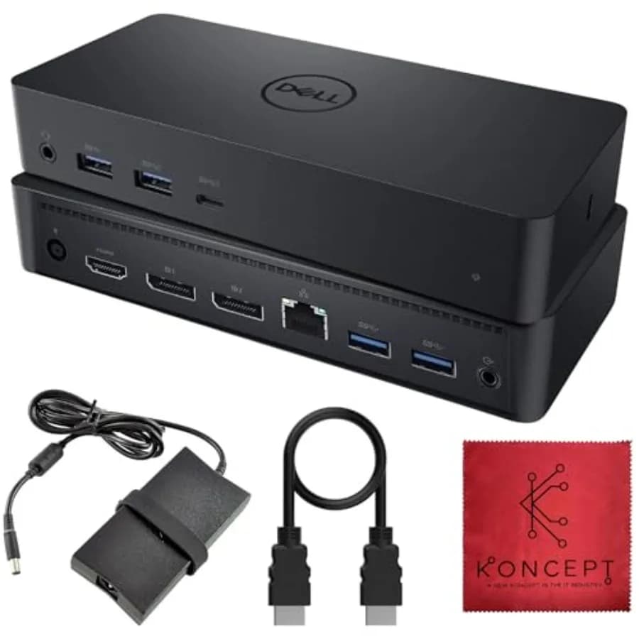 D6000 Dell Docking Station for dual monitor setup, aluminum body, black, 130W power delivery, USB 3.0 and USB-C connectivity, i