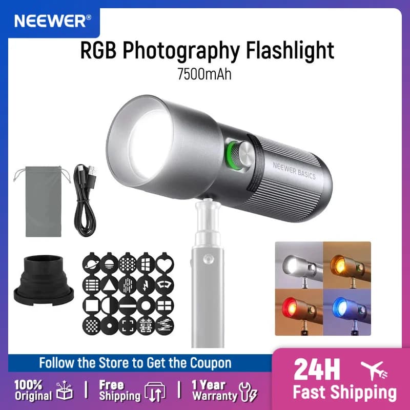 NEEWER BASICS LED Flashlight FL10 with 4 colors/20 filters Gobo/7500 mAh, 10 W portable LED video spotlight