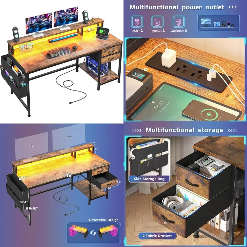 48 LED illuminated gaming computer desk with storage drawers, power sockets and monitor support for home office