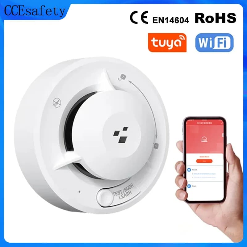 Rilevatore di Fumo WiFi Tuya con App, Sensore da 10 Anni, Alimentato a Batteria AA, Notifica in Tempo Reale, Pulsante di Silenziamento per Smart Life