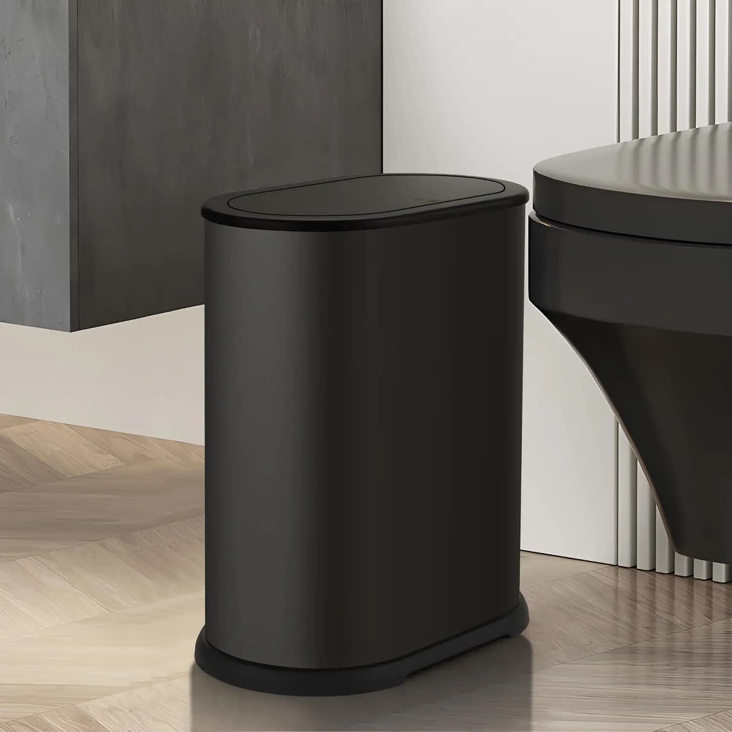 1.8 Gallon Slim Trash Can with Pop-up Lid, Stainless Steel Bathroom Wastebasket, Narrow Garbage Bin for Bedroom, Toilet, Office (Black)