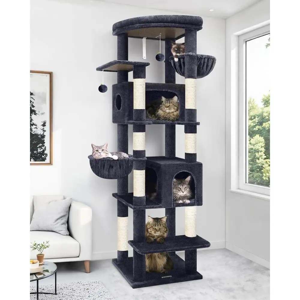 Torre per Gatti Robusta 74 per Gatti Grandi, 7 Pali in Sisal, 2 Casette Imbottite, 2 Cesti Sospesi, Ampio Trespolo Superiore, Grigio Scuro