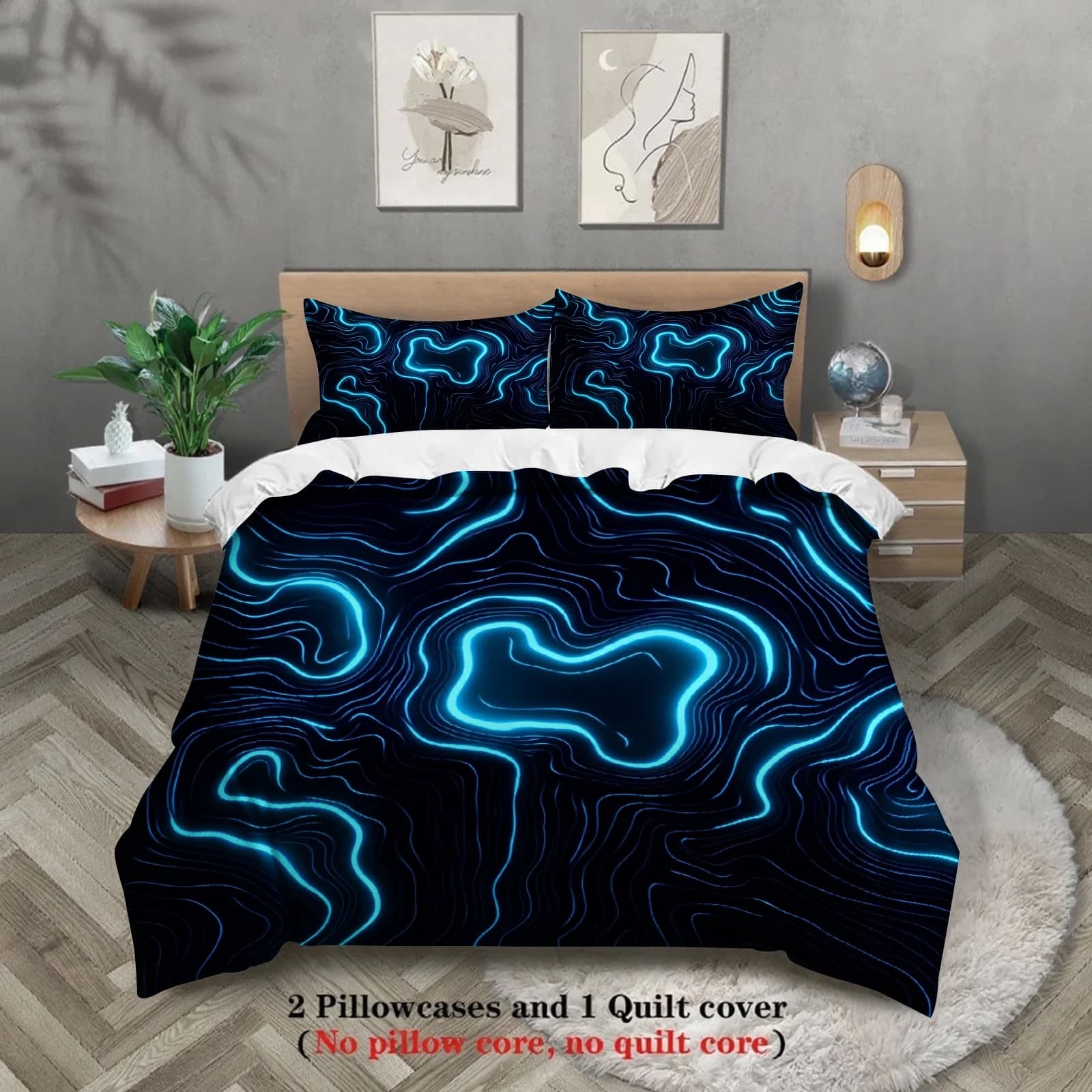 Set Copripiumino con Motivo Geometrico Astratto al Neon, Design Ispirato al Cyberpunk, Set Biancheria da Letto, Arte Geometrica Futuristica, Arredo Camera da Letto