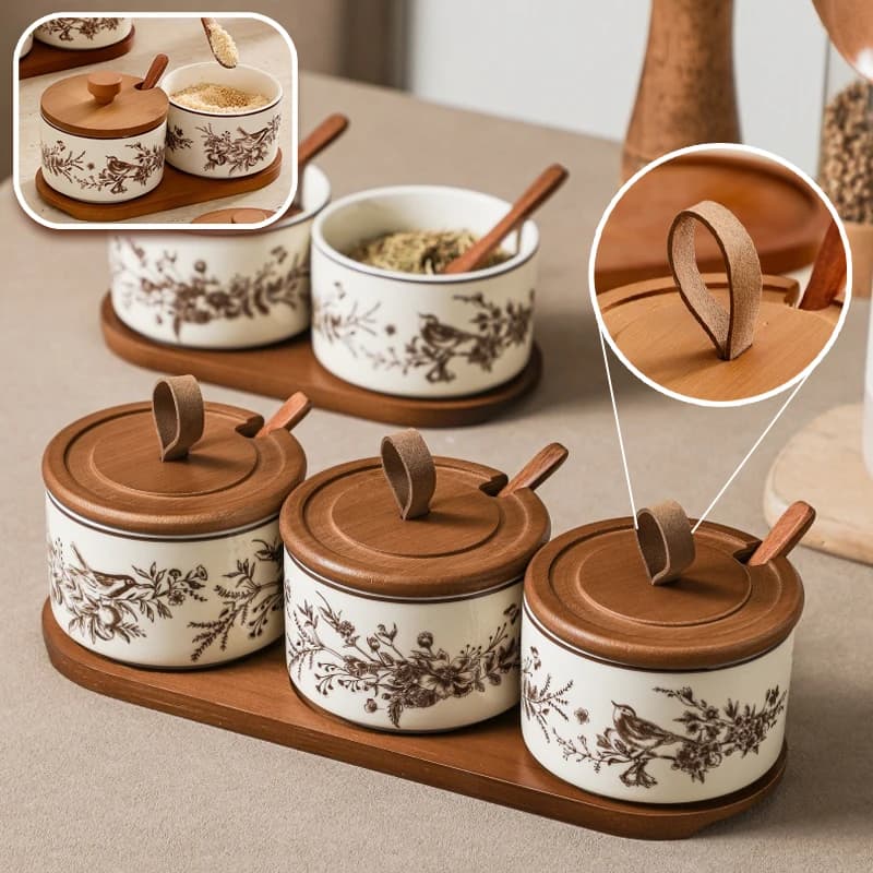 Set di Barattoli in Ceramica per Cucina con Coperchio e Cucchiaio, Contenitori per Sale, Zucchero, Pepe, Spezie, Vassoio in Legno, Organizzatore per Cucina Domestica