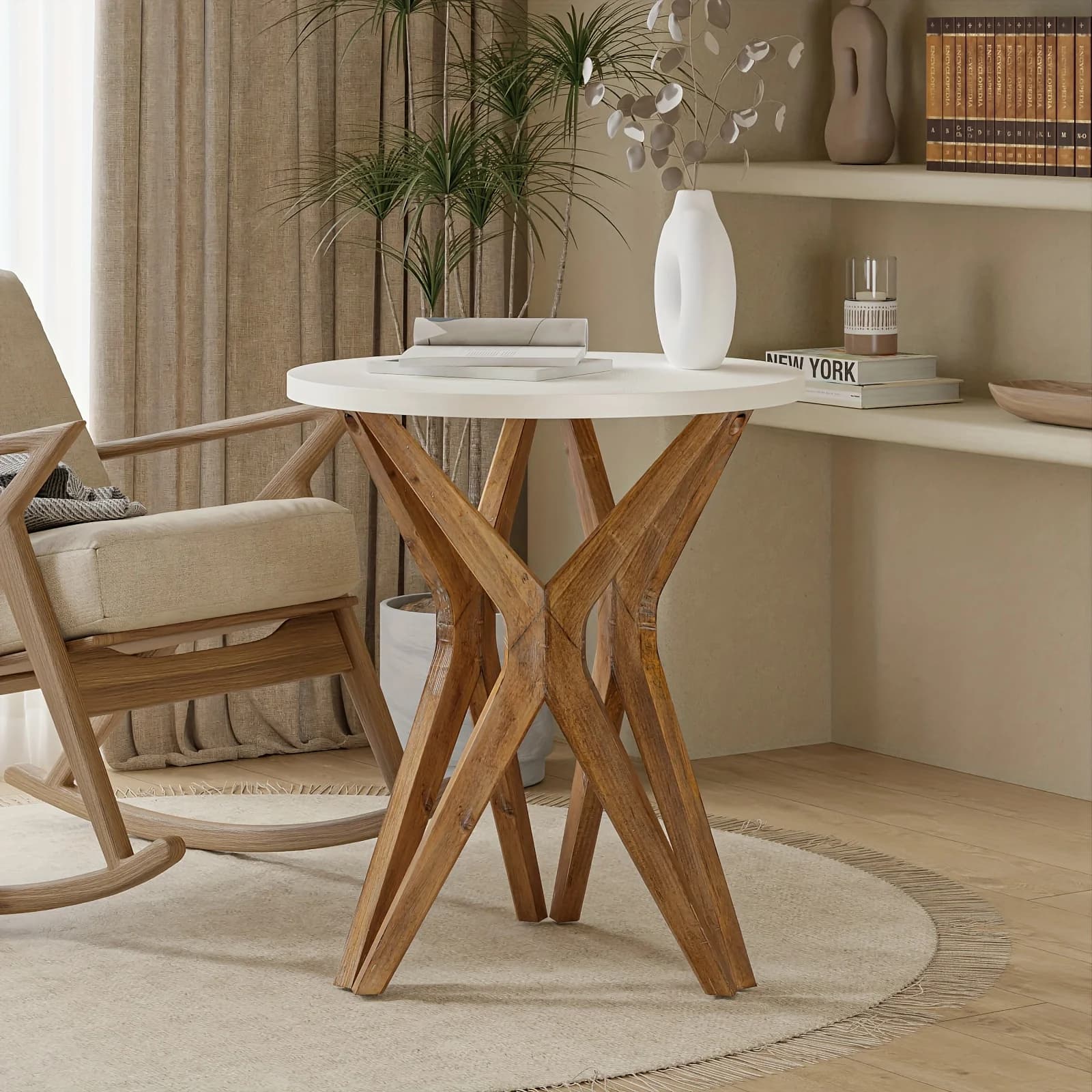 Tavolino da salotto in stile farmhouse con base a treppiede, piano anticato, per arredamento moderno, stile boho, rotondo