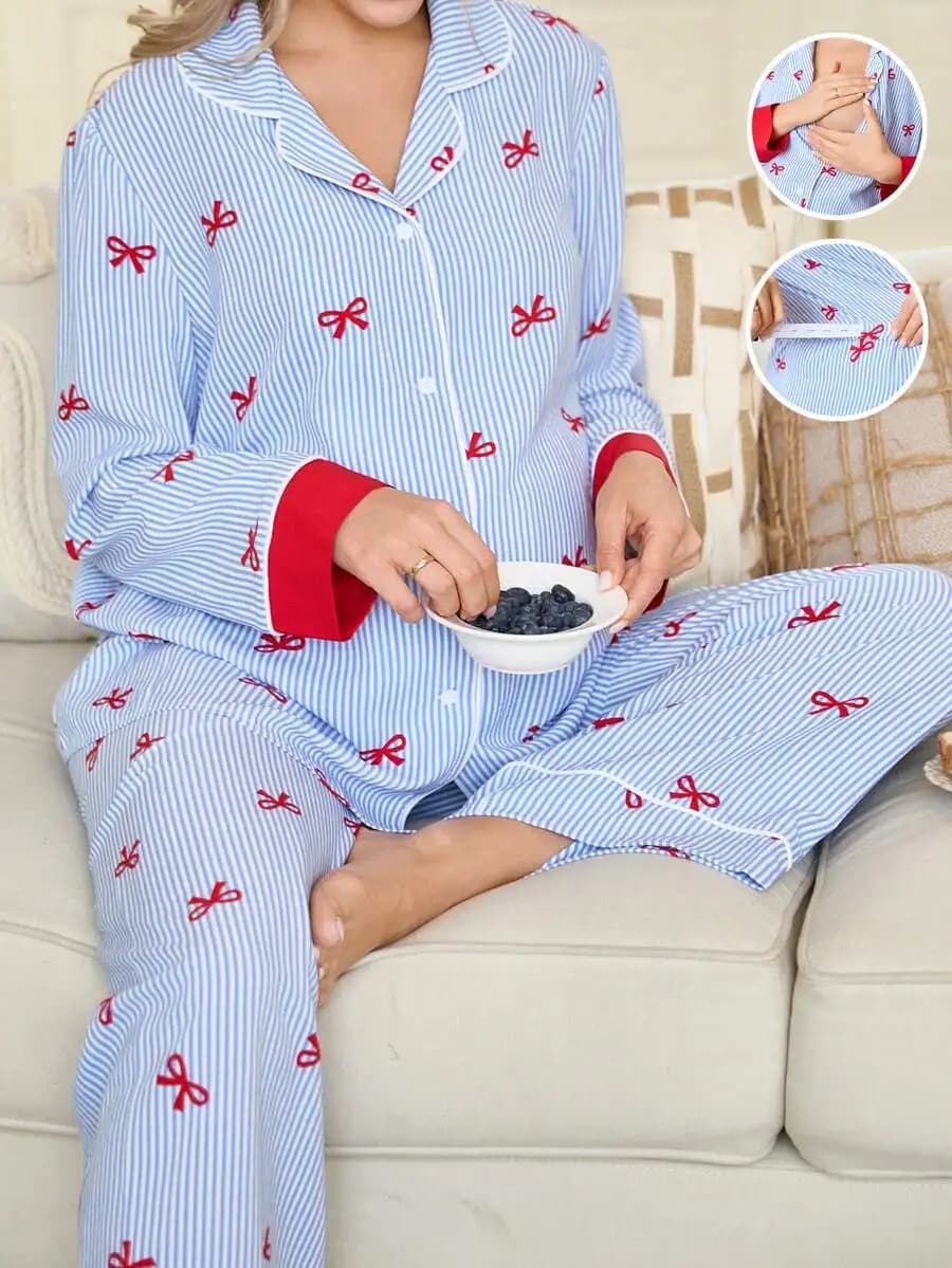 Women Bow Print Striped Pajama Set Long Sleeve Top And Pants Loungewear Sleepwear