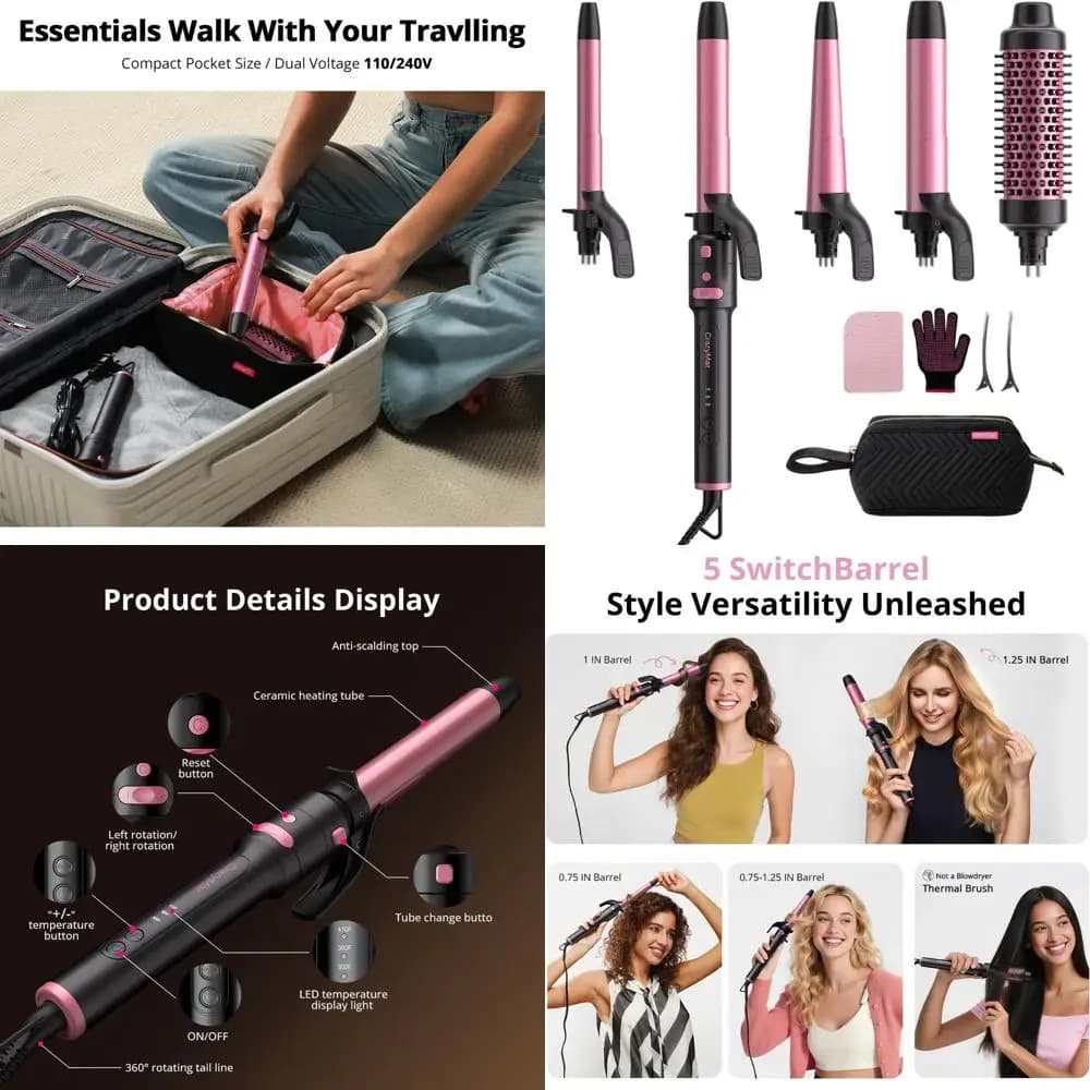 Iron set 5-in-1 Rotating curler with 3/4, 1, 1/4 for Styling Professional and Travel