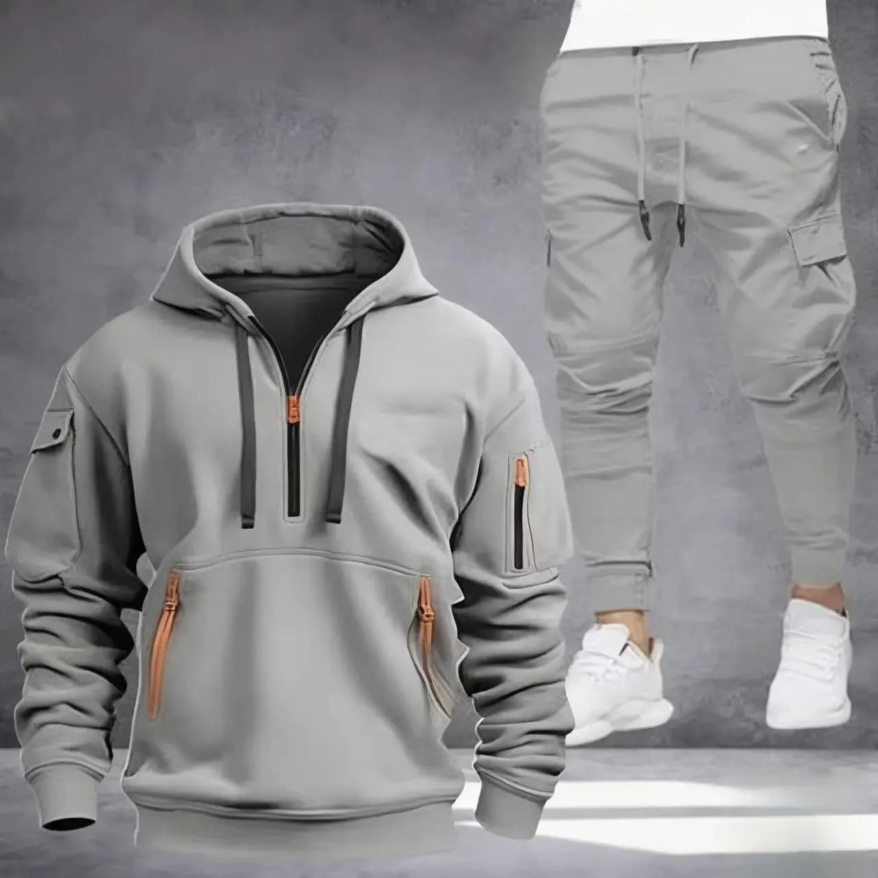 Men's Half-zipper Hooded Sweatshirt Two-piece Multi-zipper Pocket Sportswear Autumn Casual Sports Style Matching Suit
