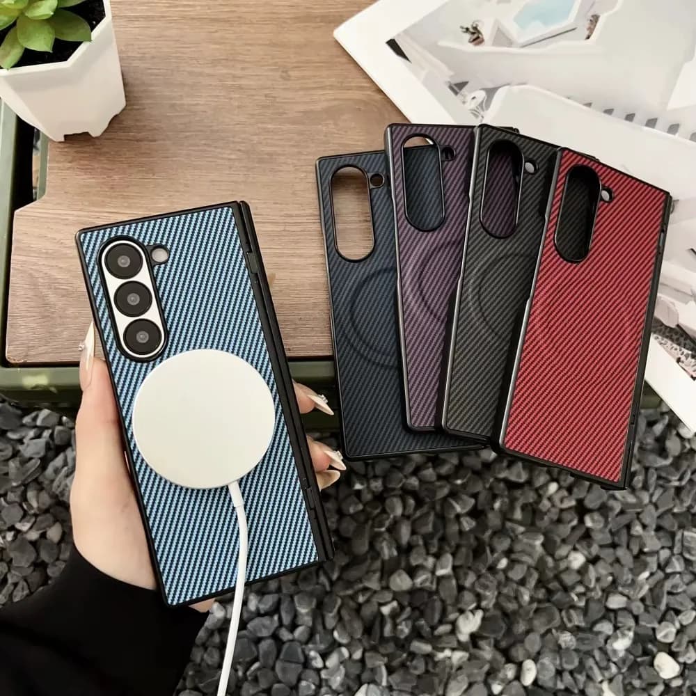 Custodia magnetica di lusso per telefono con cerniera protettiva per Samsung Galaxy Fold 7 6 5 4 5G Cover antiurto in pelle PU in fibra di carbonio