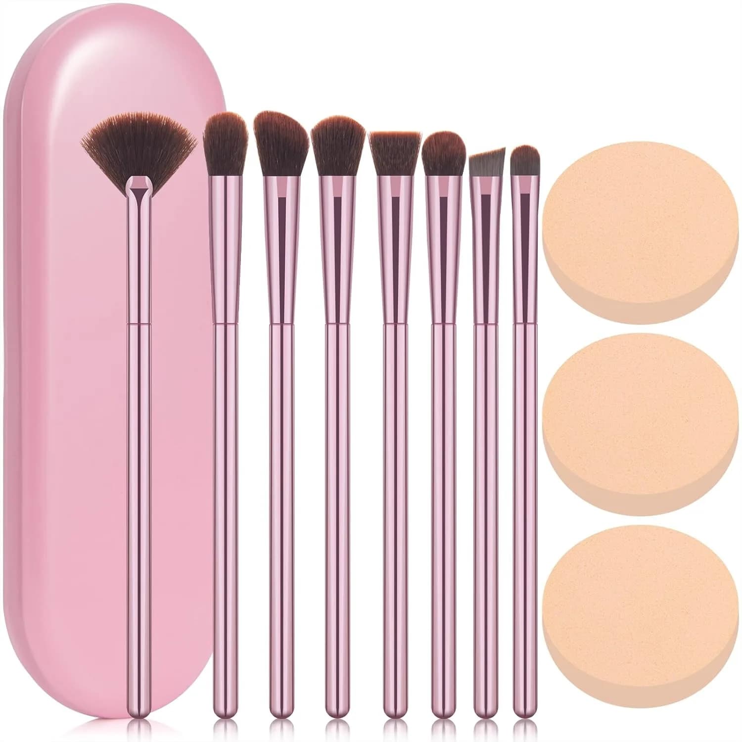 Set di pennelli per trucco da 8 pezzi, pennello professionale per ombretto con pennello angolato per sopracciglia e pennello per labbra, 12 in 1 con 3 spugnette per cipria e