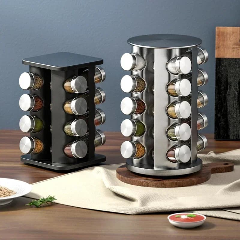 Set di Portaspezie in Acciaio Inox e Vetro, Rotante Multilivello, Utensili per Erbe e Spezie, Accessori da Cucina per Angolo