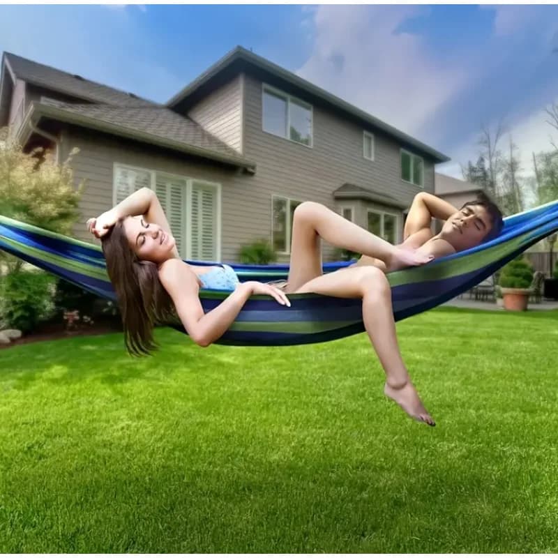 Premium canvas outdoor hammock: breathable and anti-rebalt design in bright and green blue stripes, ideal for garden, balcony, Ba