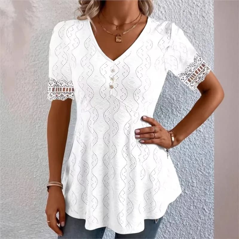 Nuova Collezione 2026: Top da Donna con Collo a V, Tinta Unita, Polsini Stampati con Pizzo, Elegante e Versatile per l'Uso Quotidiano, Semplice, Alla Moda e Confortevole