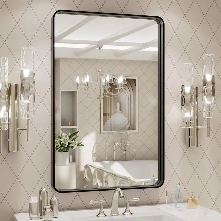 Specchio da bagno con cornice in metallo nero da 20X30 pollici per parete, specchio da bagno nero opaco per fattoria, grande rettangolo arrotondato Mi