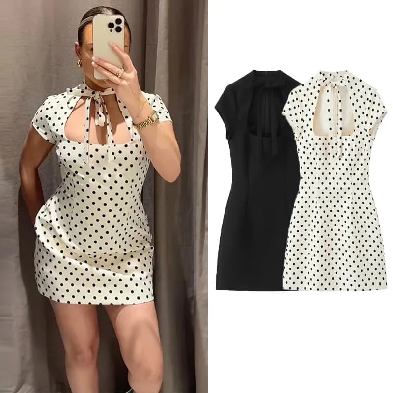 Elegante Abito Corto a Pois da Donna, Vestito Slim con Lacci e Colletto Quadrato, Maniche Corte, Collezione Primavera Estate 2026, Abito da Festa per Signora