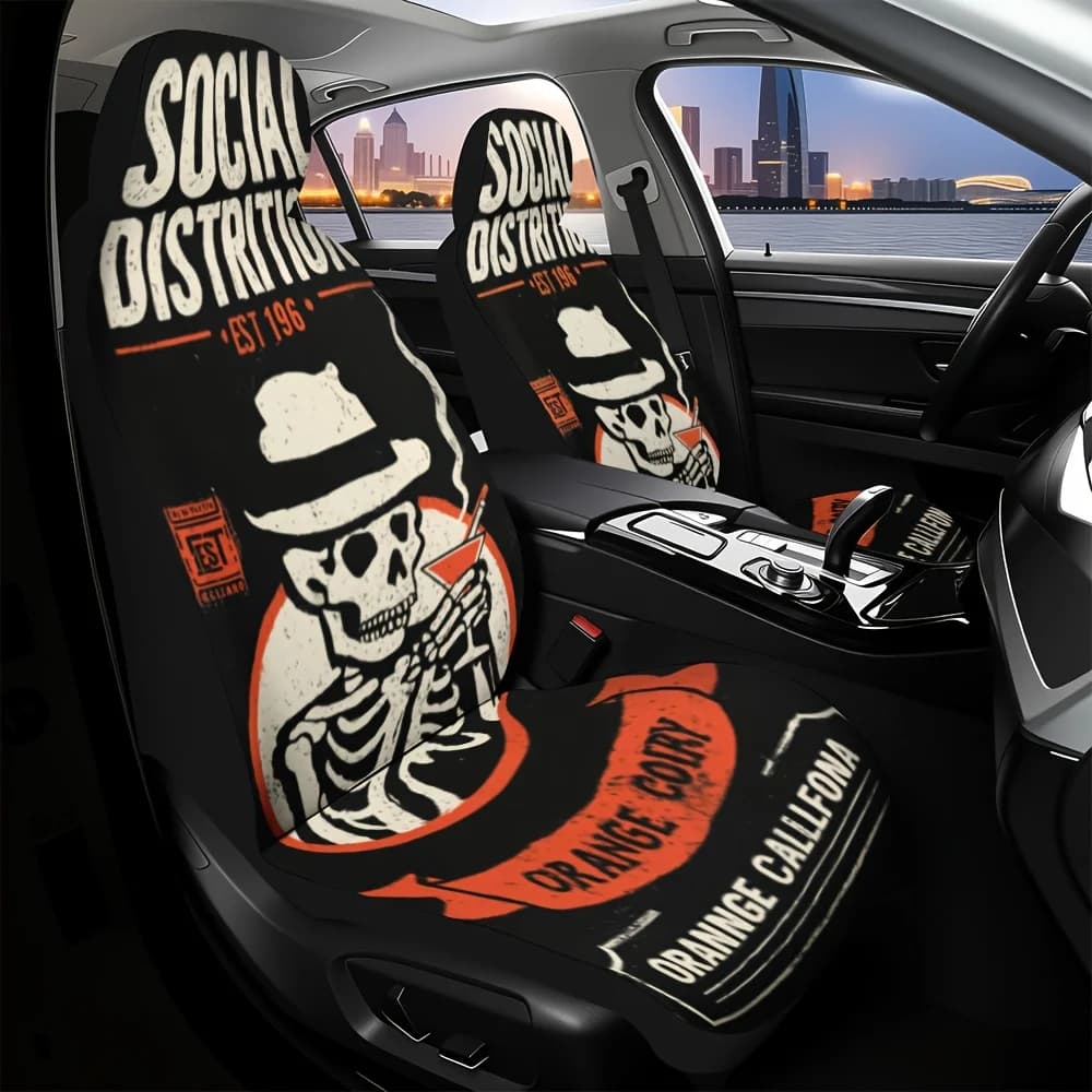 2pcs, Modern Skull Print Car Seat Covers, Comfortable And Durable, Fit For Most Vehicles, Great For Trendy Interior Upgrade And