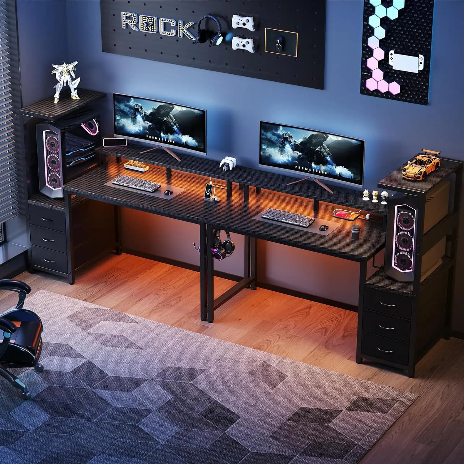 Scrivania da Gaming da 52 Pollici con Porte USB, Luci LED, Ripiani Portaoggetti e Supporto per Monitor, Moderna Nera per Ufficio Domestico