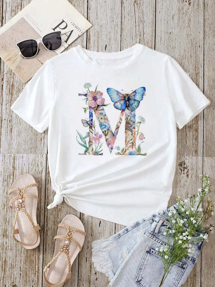 Nome personalizzato Lettera Combinazione Moda Donna T-shirt Farfalla floreale Lettera Carattere ABCDEFG Manica corta Top Donna
