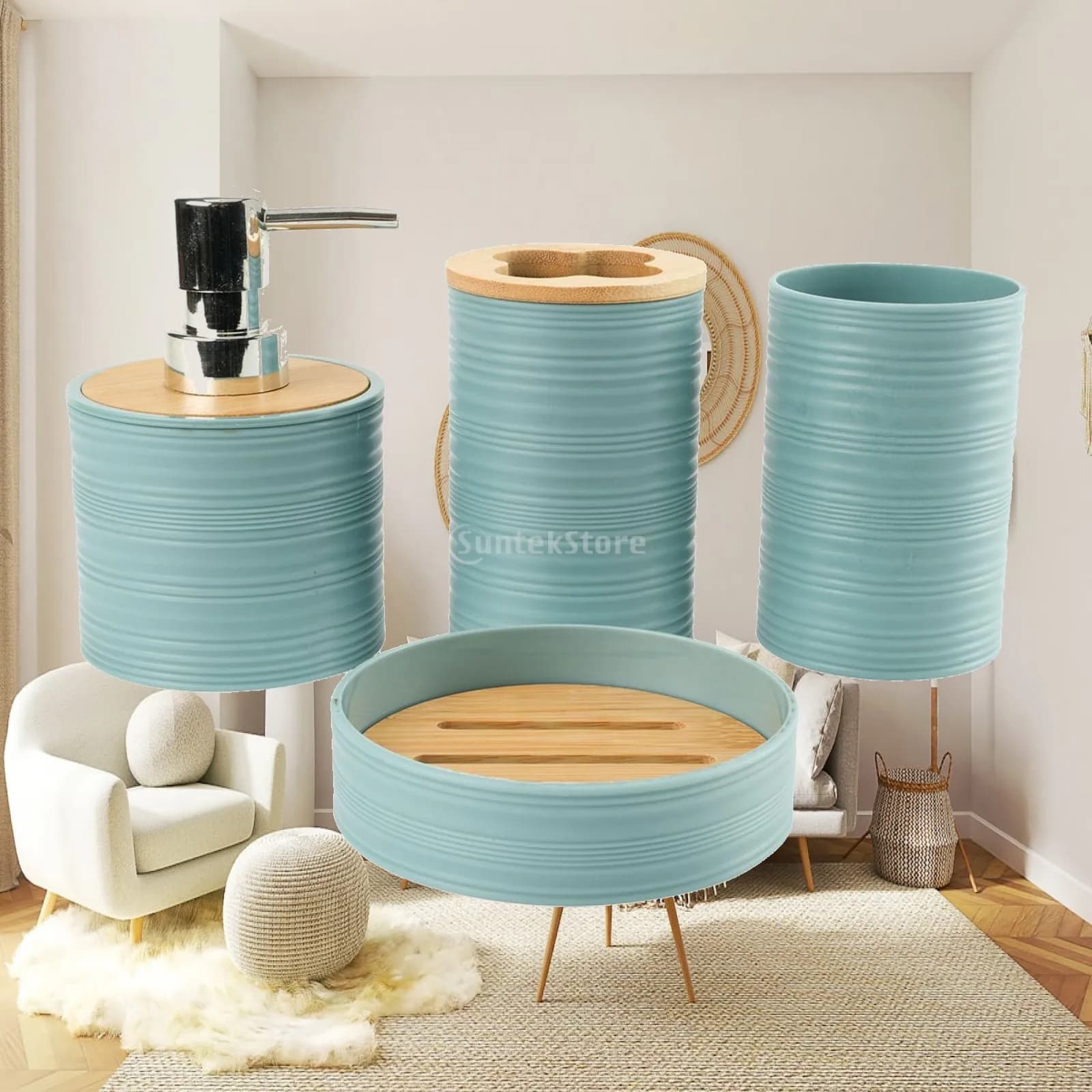 Bathroom Kit Complete with Four Piece Plastic Soap Dispenser Toothbrush Holder Mouthwash Cup and Soap Dish Set