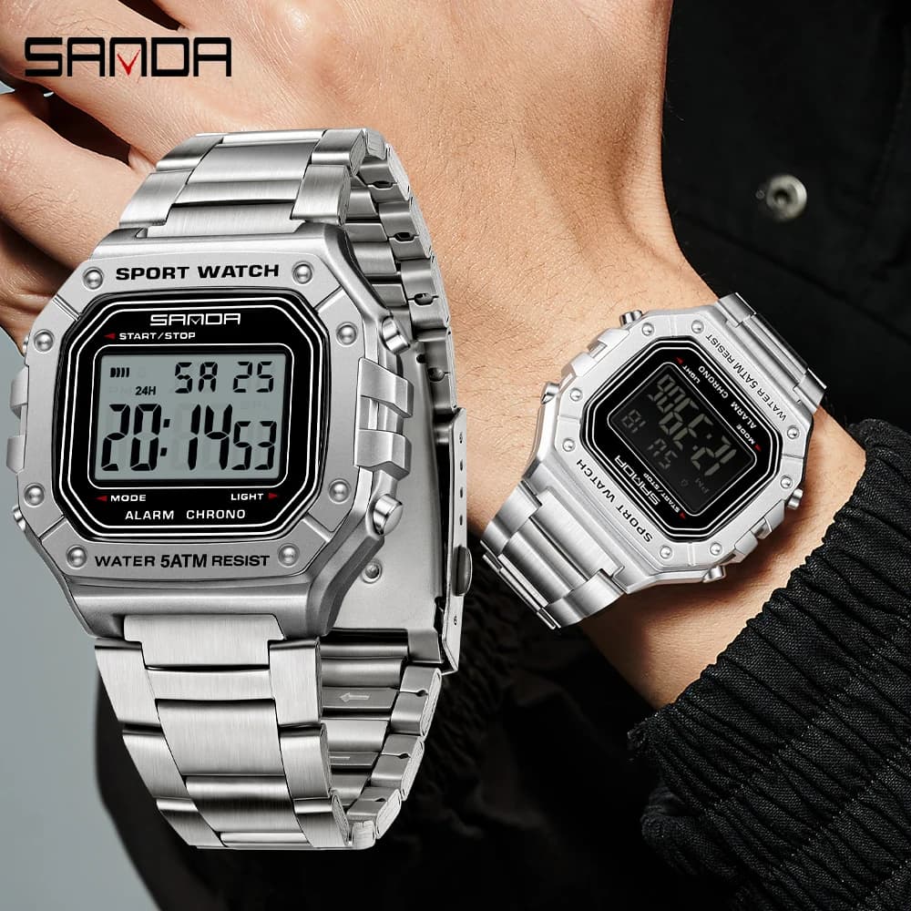 SANDA Men's Digital Watch Waterproof LED Sports Wristwatch with Week Date Alarm Stainless Steel Band Fashion Watch for Men