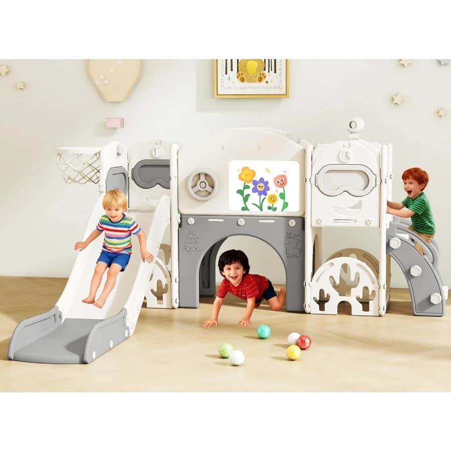 Set da gioco 11-in-1 per bambini, scivolo e parco giochi interno per bambini da 1 a 3 anni, set da gioco esterno con set da golf, set da disegno e canestro da basket