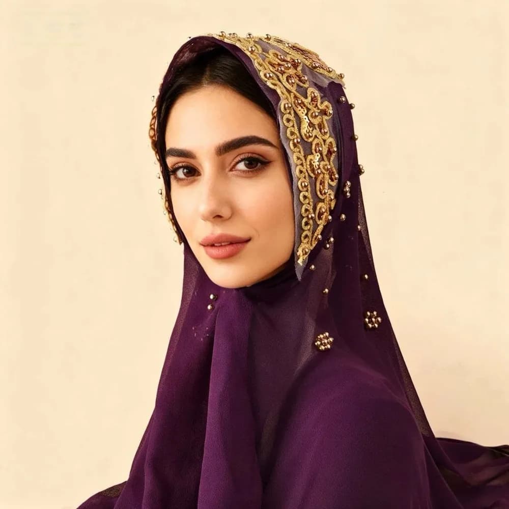 Elegant Silk Pearl Chiffon Hijab Scarf Long Gold Beads Islamic Turban Bow Thin Sequin Wraps Shawl Beach