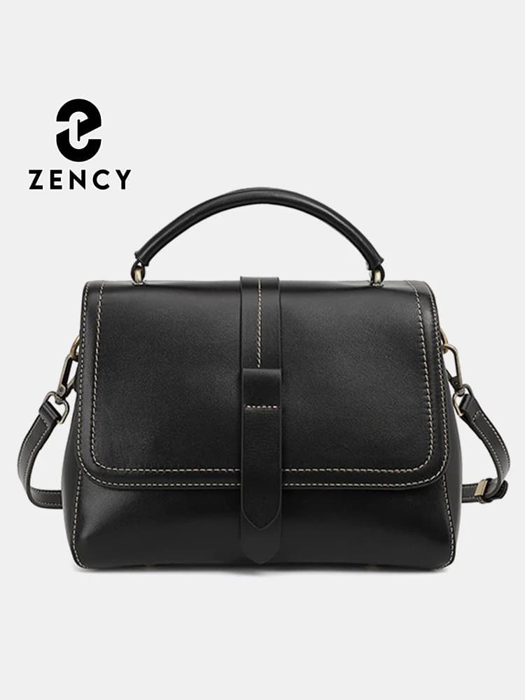 Zency 2024 Casual Tote New Genuine Leather Vintage Handbag Women Shoulder Bag Boston Bag Satchel With Two Straps For Mom Giftba