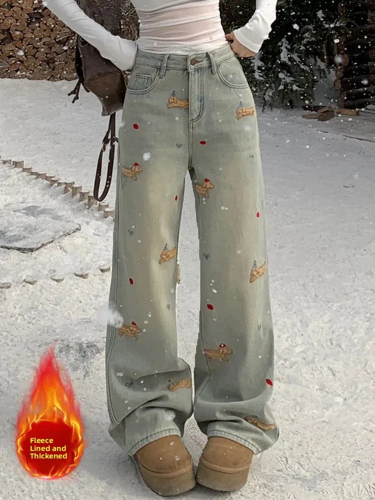 Fleece Lined Wide Leg Embroidered Denim Jeans High Waist Straight Cut Thickened Autumn Winter plus Size Slimming Floor Length