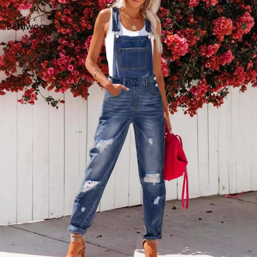 Adjustable Strap Denim Bib Overalls For Ladies Multi Ripped Destroyed Knee Front Patch Pocket Relaxed Straight Leg Jean Pants