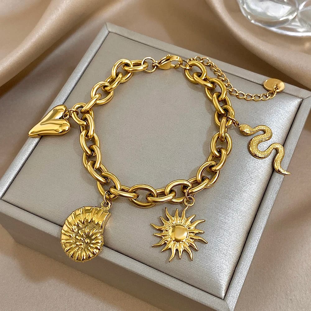 Braccialetti a catena robusti dorati in acciaio inossidabile di moda per donna Uomo Sun Totem Snake Conchiglia Cuore Braccialetti con ciondoli Regali di gioielli