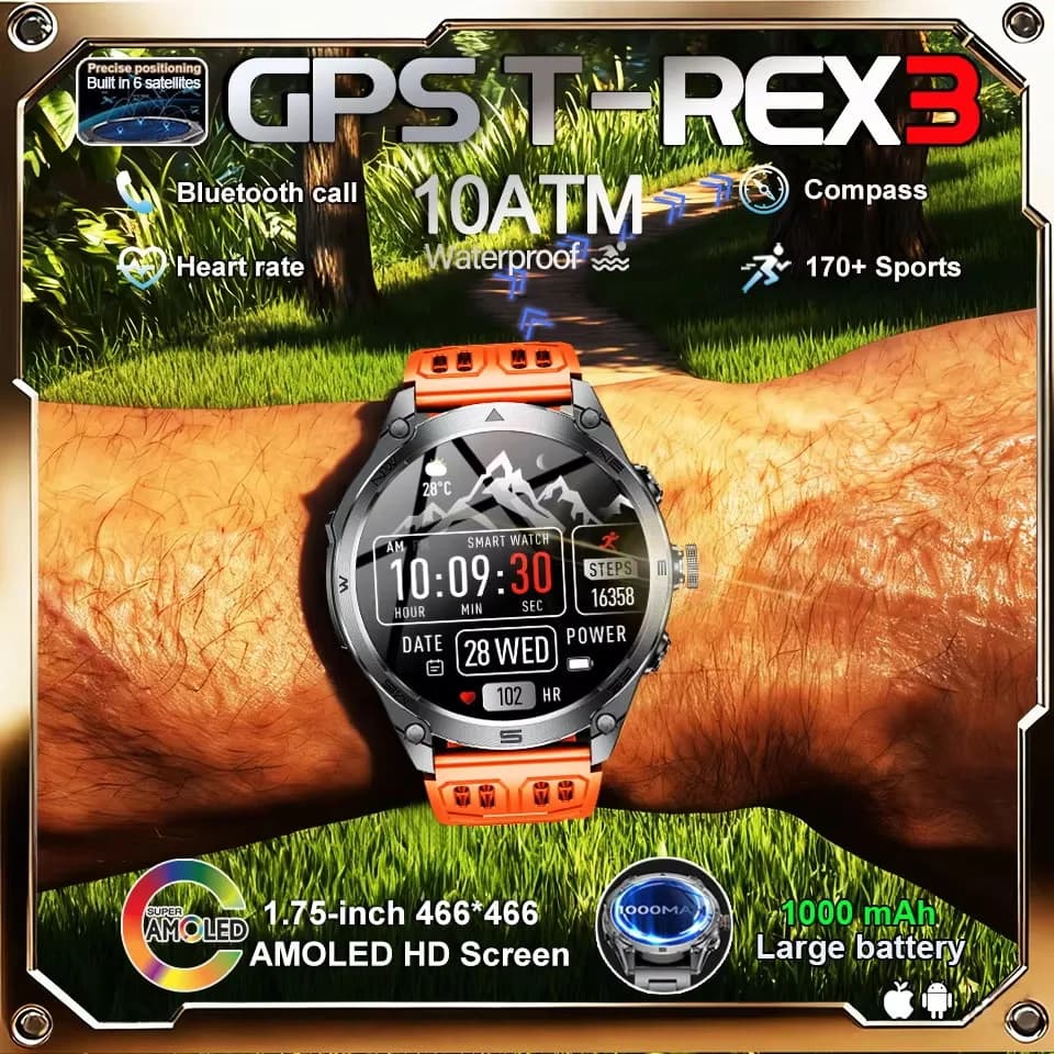 New Military Smartwatch 2026 with GPS calls, AMOLED HD 466*466, compass, torch, 1000mAh battery, Waterproof, for Sport
