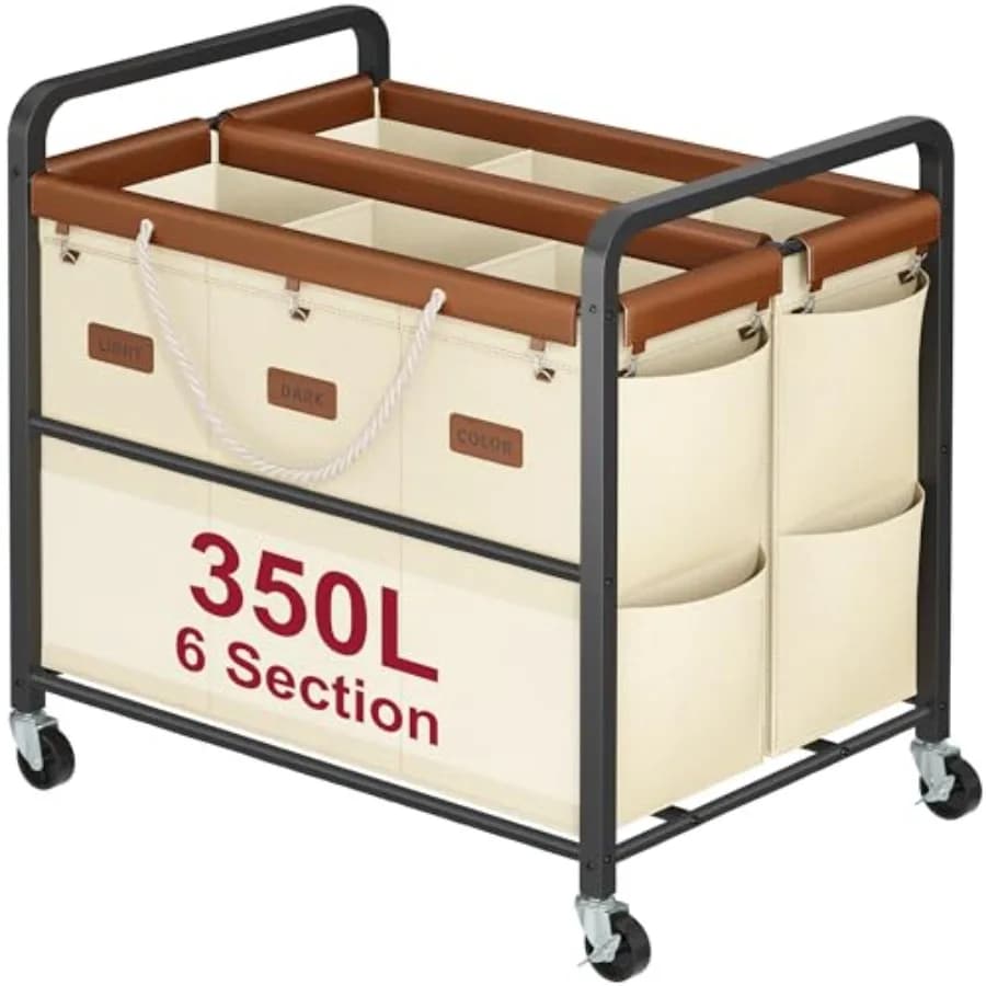 Cesto per Bucato Extra Large da 350L con 6 Scomparti, Telaio in Metallo Resistente, Ruote Scorrevoli, Sacchi in Tessuto Rimovibili, Pelle