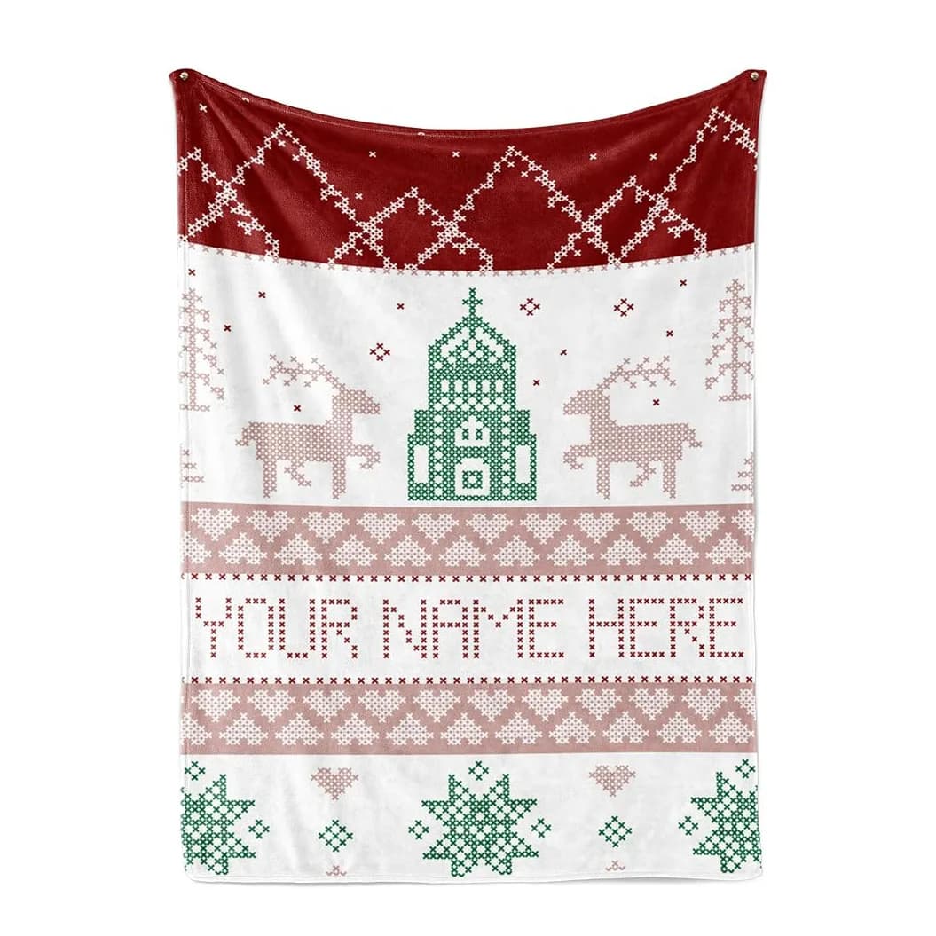 Custom Christmas Stitch Style Blanket Fleece or Sherpa, Soft Sofa Throw, Customizable Family Throws, Cozy Christmas Bedding