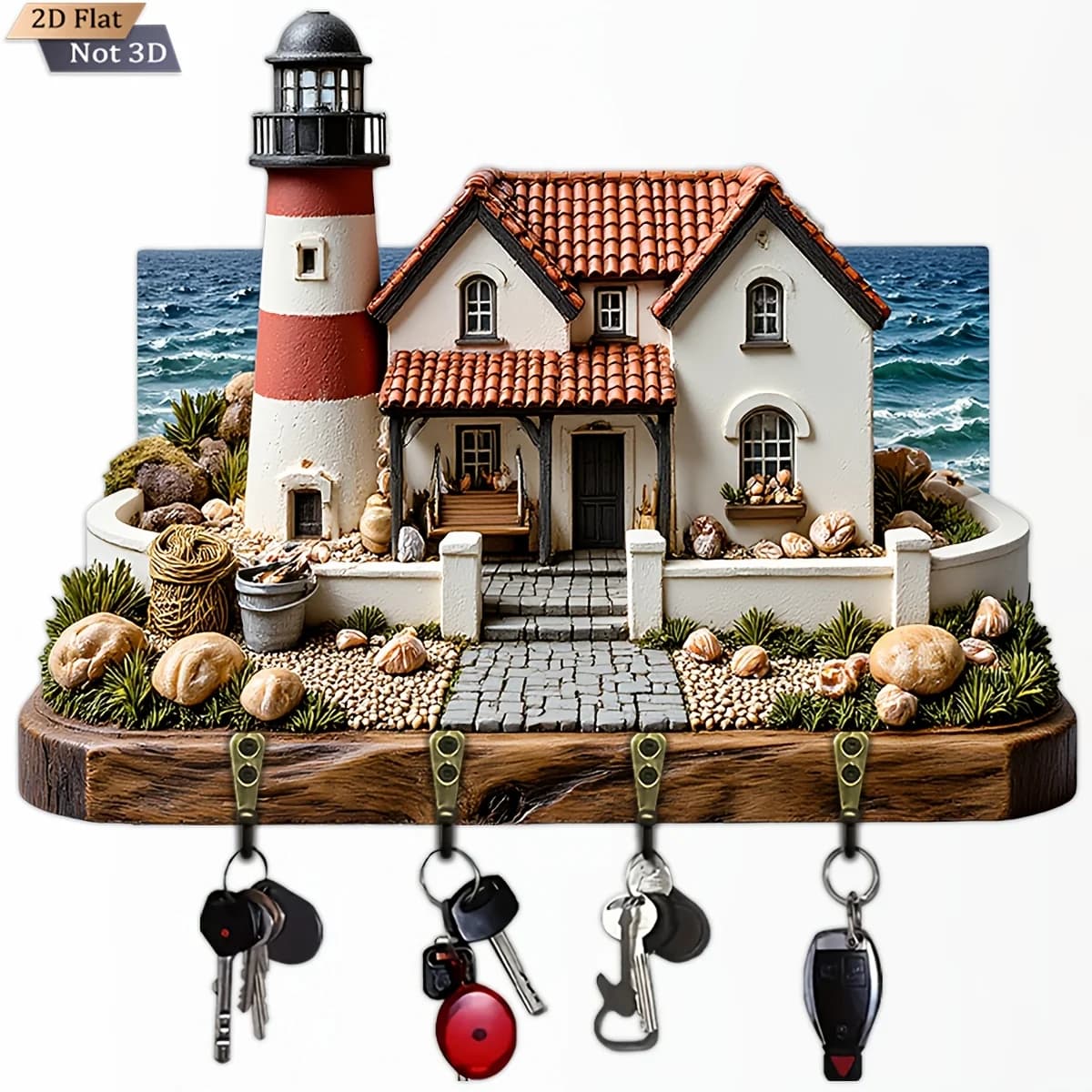 Orologio da parete 2D piatto, 1 pezzo, con stile a tema faro cottage balneare, portachiavi multifunzione in legno, con quattro metalli