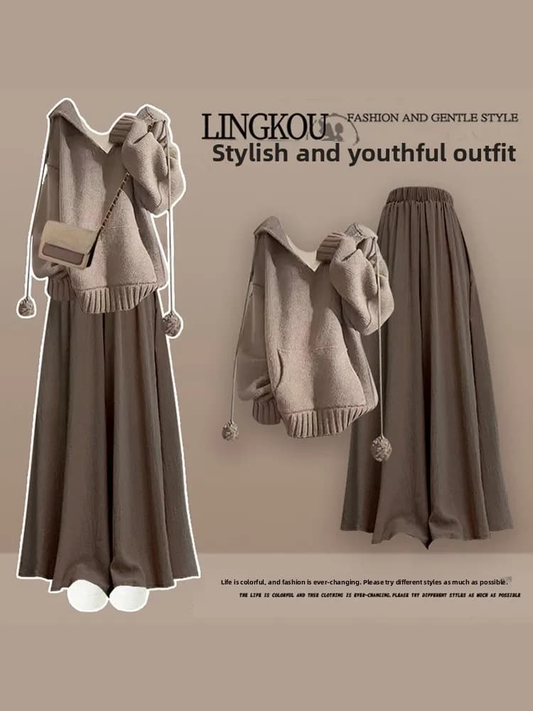 plus Size Women's Two-Piece Set Hoodie Slimming Concealing Loose Skirt Pants Autumn Winter Fashion Street Style Complete Set