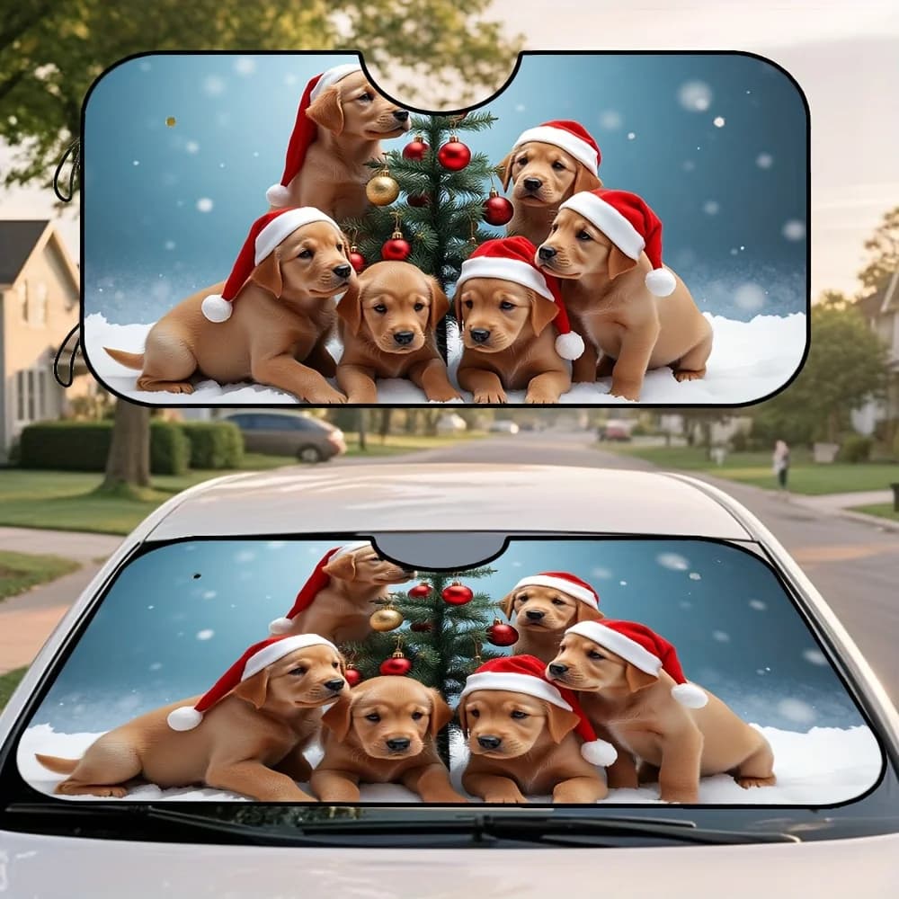 1pc Festive Christmas Car Windshield Sunshade With Golden Retriever Puppy Tree Print - Foldable Front Visor For Winter Mornings,