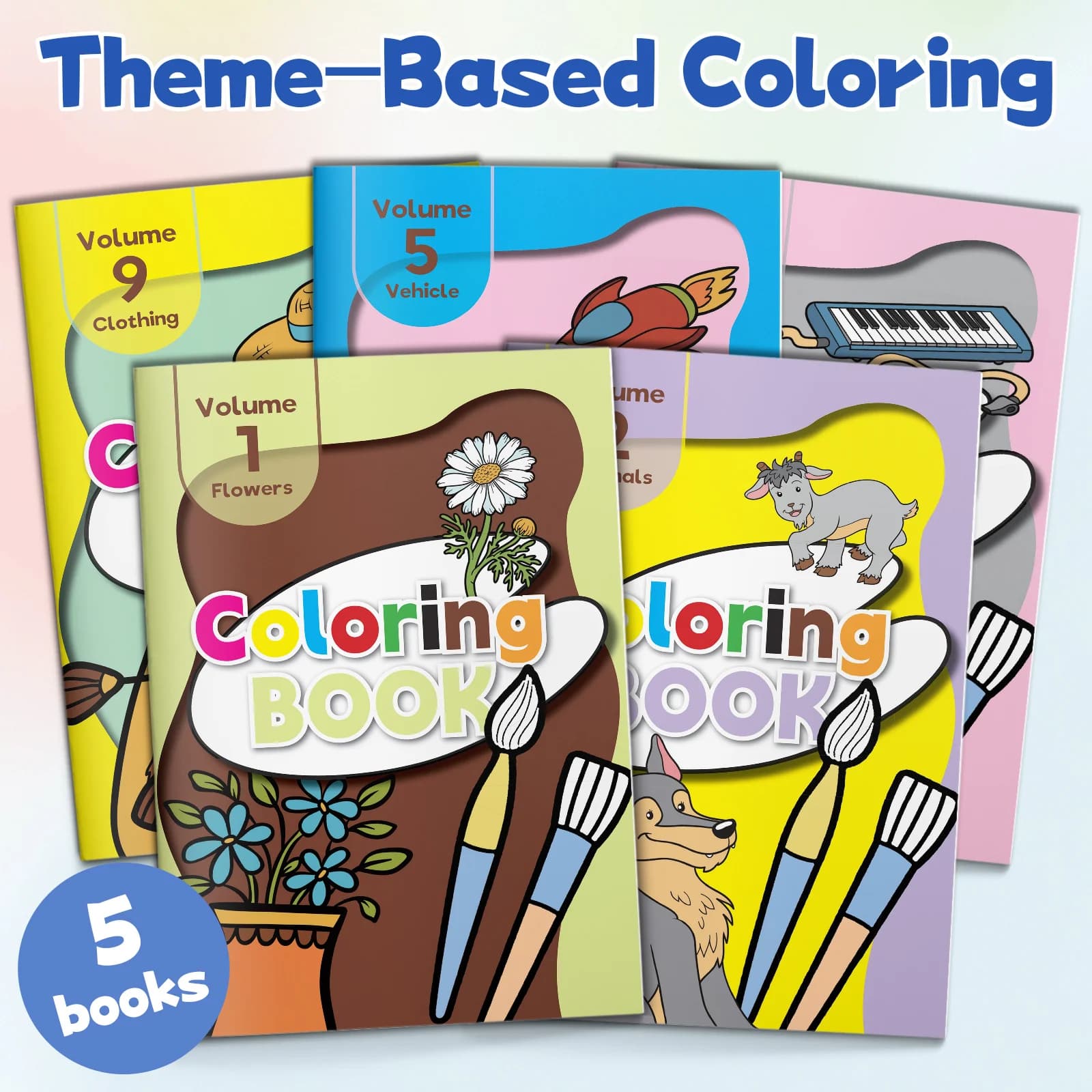 5-Book Kids Pencil Control & Coloring Book Set, Early Learning Coloring Activity Books with Flowers, Animals, Vehicles