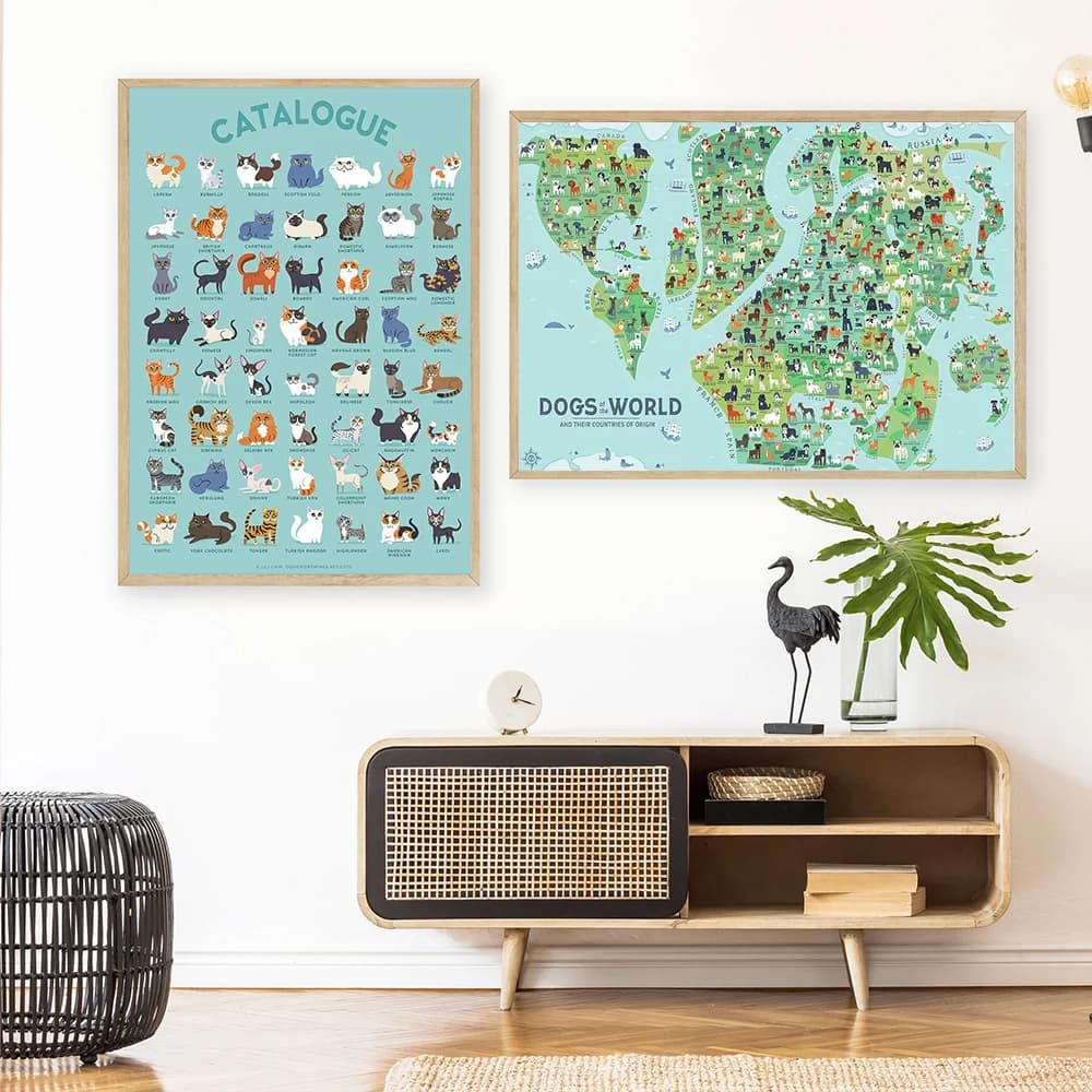 Animale del fumetto Cani del mondo Mappa e catalogo Gatti Poster Nursery Stampa su tela Immagine di arte della parete Pittura Arredamento camera da letto per bambini