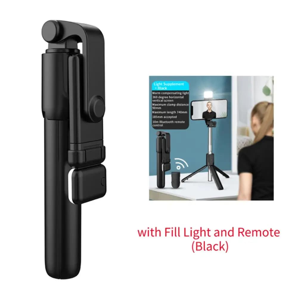 Treppiede Portatile Bluetooth per Selfie con Telecomando, Luce di Riempimento, Supporto Estensibile Wireless Retrattile per Telefono