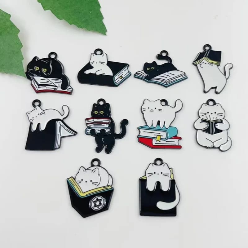 10pcs cartoon enamel book cat pendants DIY handmade earrings bracelets necklaces jewelry making crafts accessories