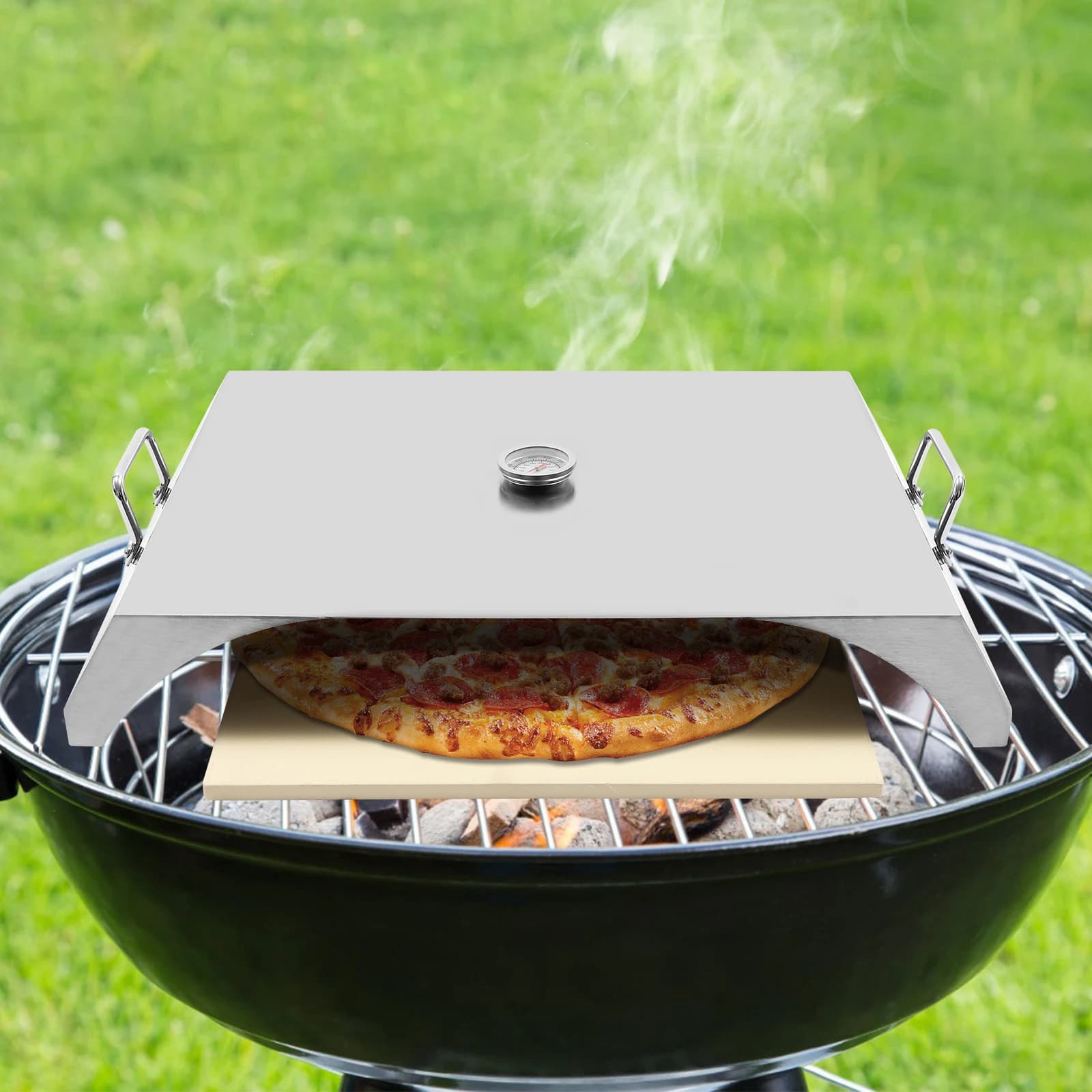 Kit Forno Pizza in Acciaio Inossidabile, Pietra Refrattaria Quadrata per Pizza, Ceramica in Cordierite per Barbecue da Esterno (Pala per Pizza Non Inclusa)