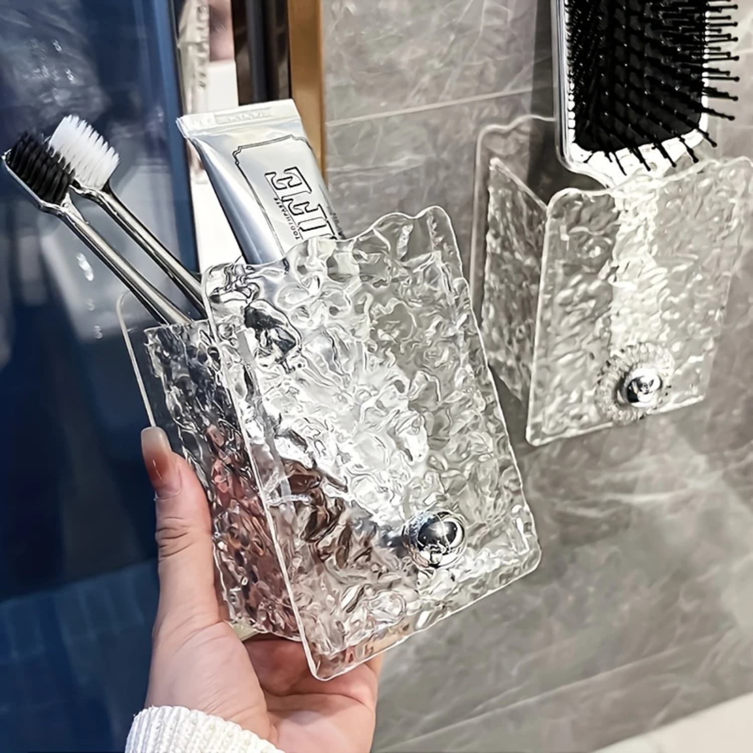 Porta dentifricio per spazzolino da bagno a parete con ondulazione trasparente da 1 pezzo, porta pettine, organizer versatile - Senza foratura, ideale per avere